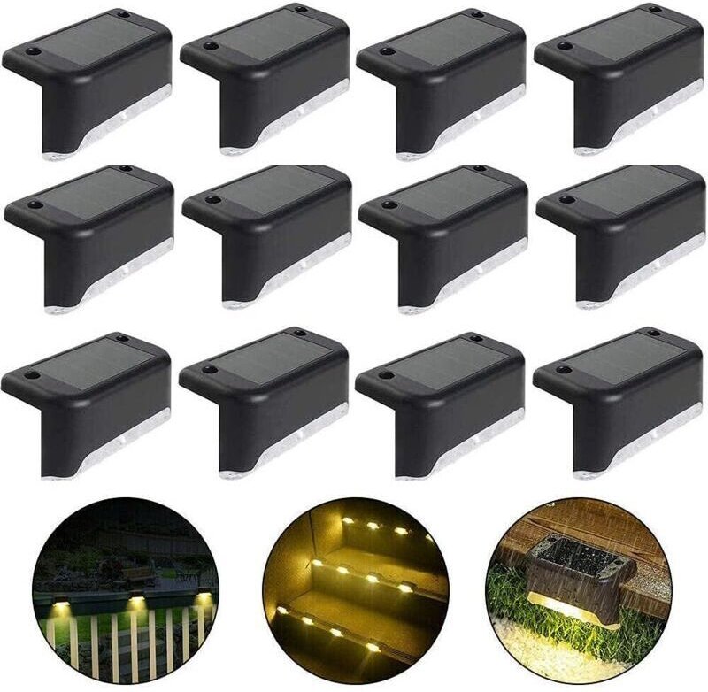 Wasserdichte Solar-Zaunleuchten (Warmlicht - Schwarz, 12 Stück) Solar-Terrassenleuchten, Treppenleuchten, IP65 LED-Solar...
