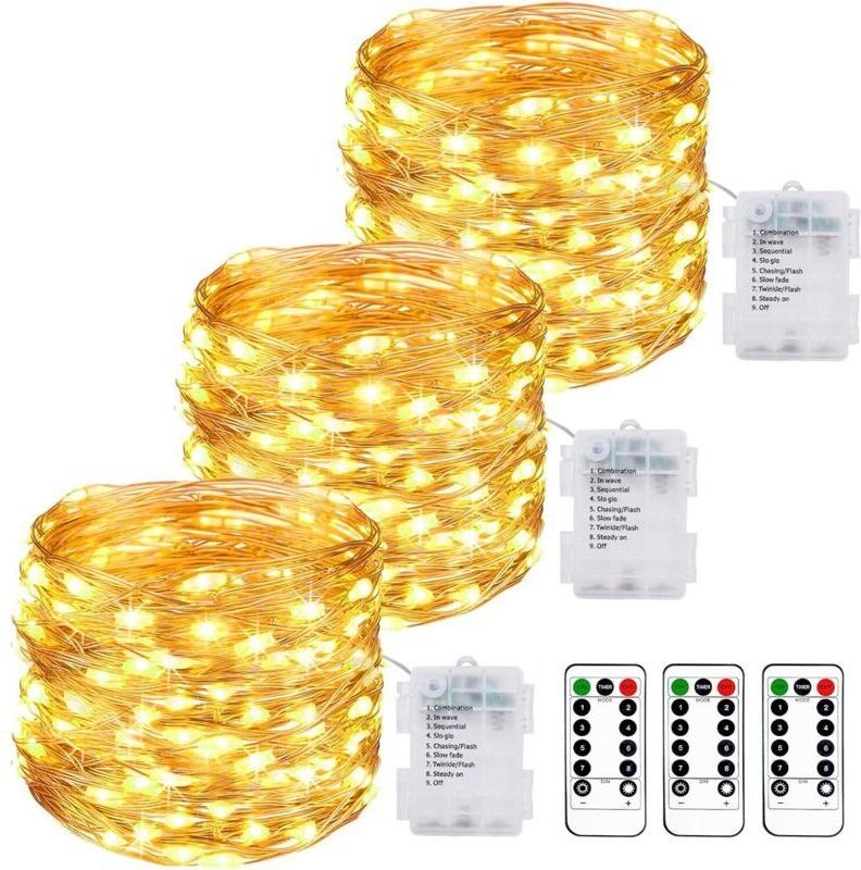 3er-Set batteriebetriebene Lichterketten, 10 m lang, 100 LEDs, mit Fernbedienung, 8 Modi, Timerfunktion, wasserdicht (IP...