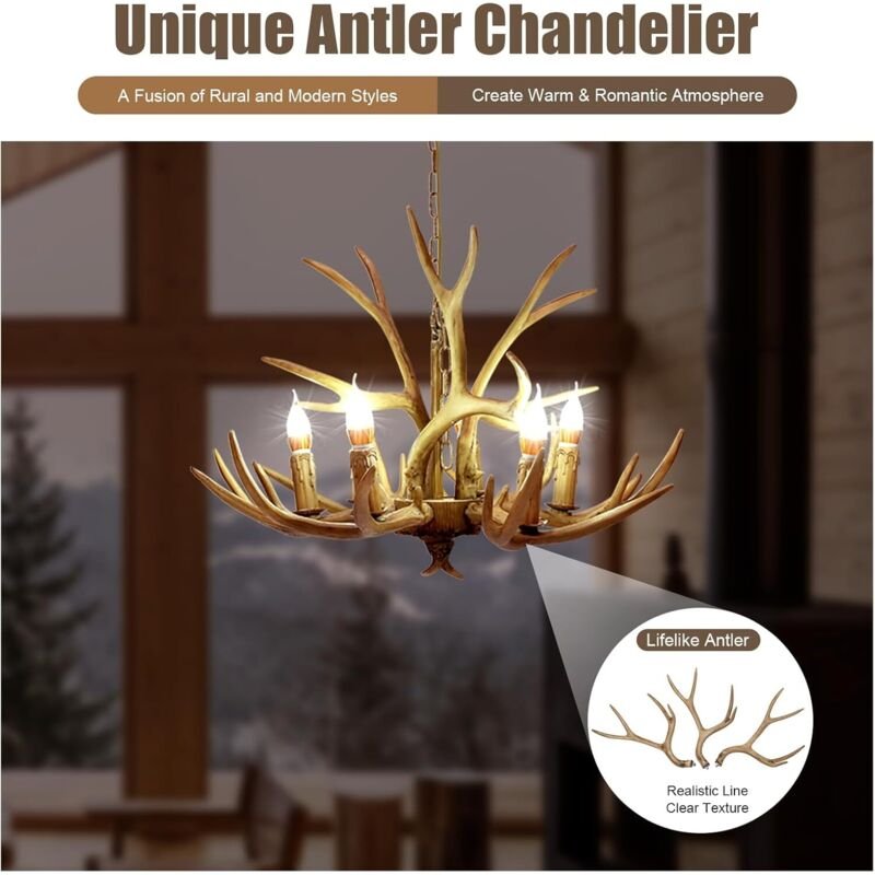 Geweih Kronleuchter, Retro Antler Decken Leuchte Harz 6 Licht Hirschgeweih Lampe für Arbeitszimmer, Büro
