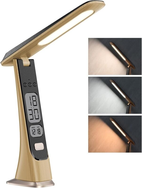 Wiederaufladbare, kabellose LED-Schreibtischlampe, dimmbare Tischleuchte mit Batterie, Digitaluhr, LCD-Display, Datumsan...