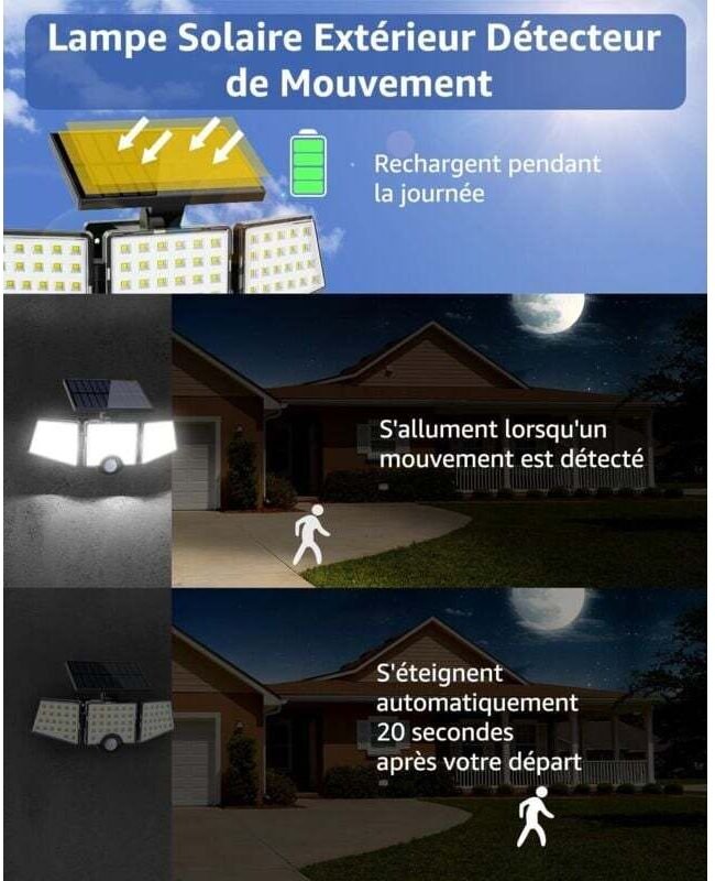 Leistungsstarke 1200-lm-Solar-Außenleuchte mit Bewegungsmelder, 3 Leuchtenköpfen, IP65 wasserdicht, ideal für Veranda, G...