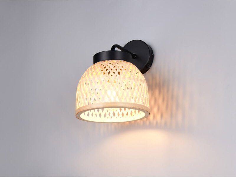 Wandleuchte LAURENT mit Schalter & Korb Lampenschirm aus Bambus, H: 25cm