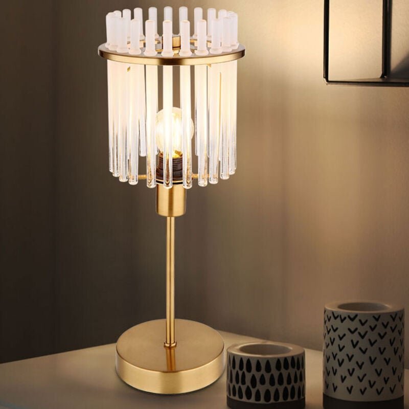 Led Tischleuchte Beistelllampe Nachttischlampe Schlafzimmerleuchte Wohnzimmerlampe, Metall Gold Glasstäbe, 1x E14 Retro ...