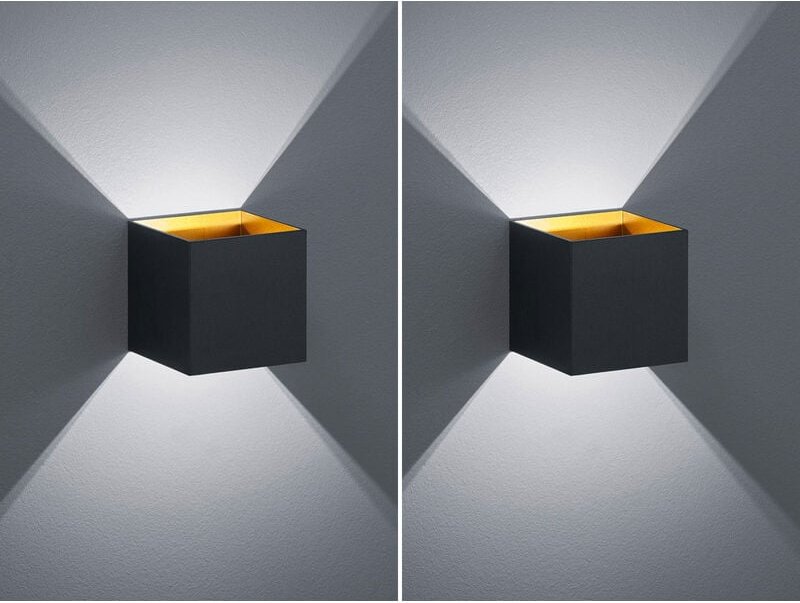 Trio Leuchten - Moderne up & down led Wandleuchten 2er Set Kubus Schwarz / Gold, Quadrat 10cm