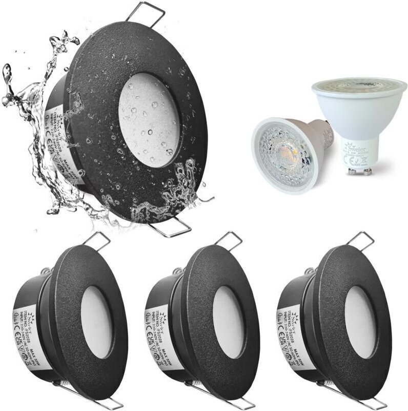 Set mit 4 wasserdichten LED-Einbaustrahlern IP65, 5W 3000K Warmweiß, für Bad und Küche, 68mm Ausschnitt, Oberfläche Sati...