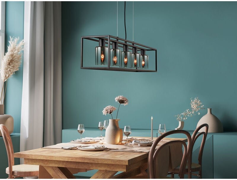 Led Pendelleuchte 5-flammig Schwarz mit Rauchglas, Breite 95cm