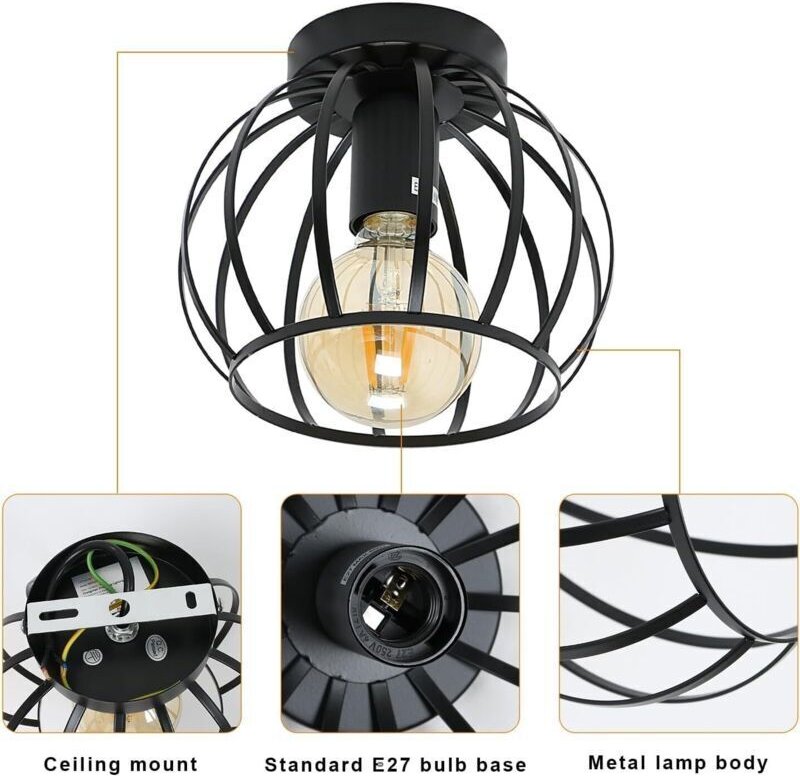 Vintage-Industrie-Deckenleuchte, Retro-Käfigdesign, E27-Deckenleuchte, Metall-Deckenlampe für Küche, Schlafzimmer, Einga...