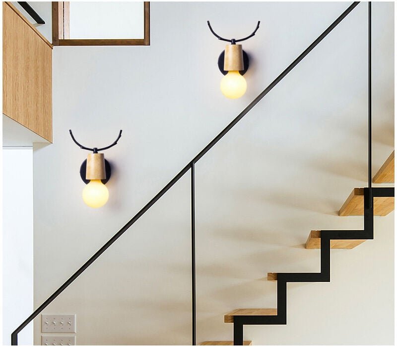 2er Wandleuchte, 1 Flammig Wand Lampe im Geweih Form, Moderne Stil, Licht aus Metall und Holz, E27 Fassung (Schwarz)