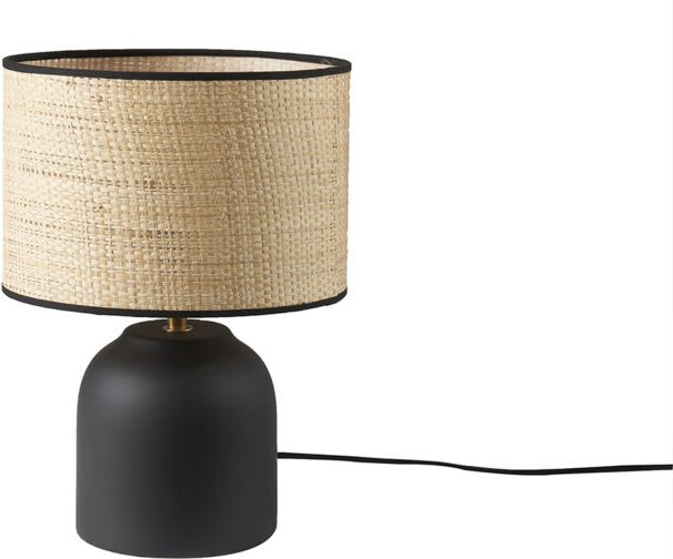 Tischleuchte aus matter Keramik in Schwarz mit Lampenschirm aus Bast H35 cm ROCHA