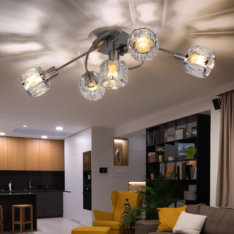 Deckenleuchte Kristalle Kristallleuchte Wohnzimmerlampe Deckenlampe Chrom, nickel matt, 5x E14 Fassungen, LxBxH 61,4x36x...