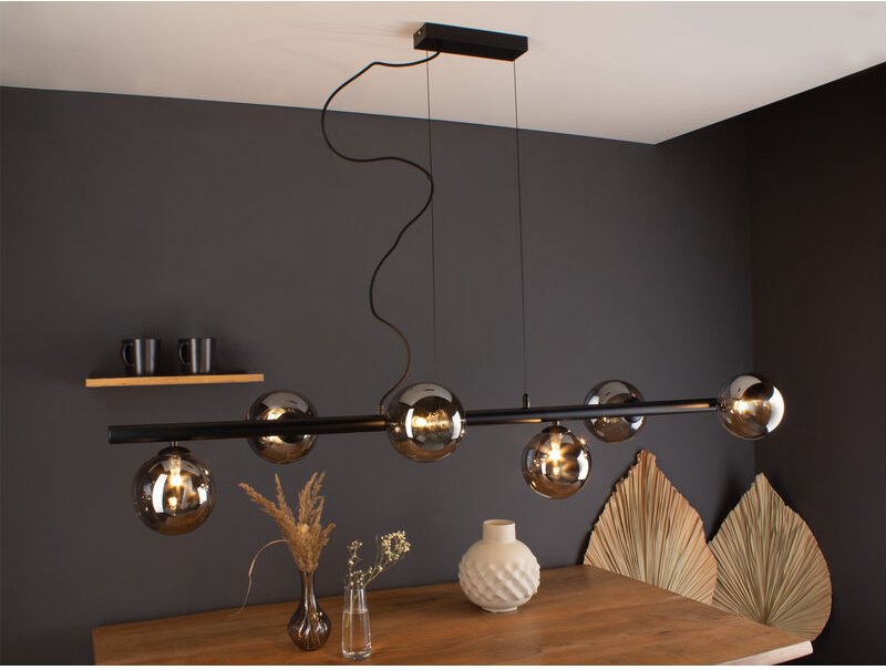 Pendelleuchte neptun 6 flammig Schwarz & Rauchglas 200cm lang, Breite 144cm