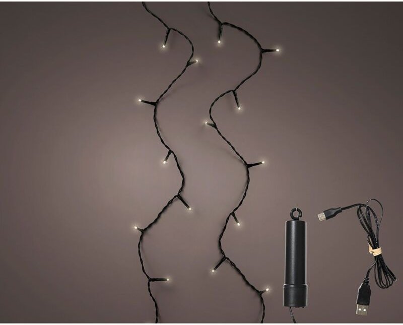 Multifunktions-LED-Lichterkette mit 100 warmweißen LEDs und Batterie, 7,4 m schwarzes Kabel.