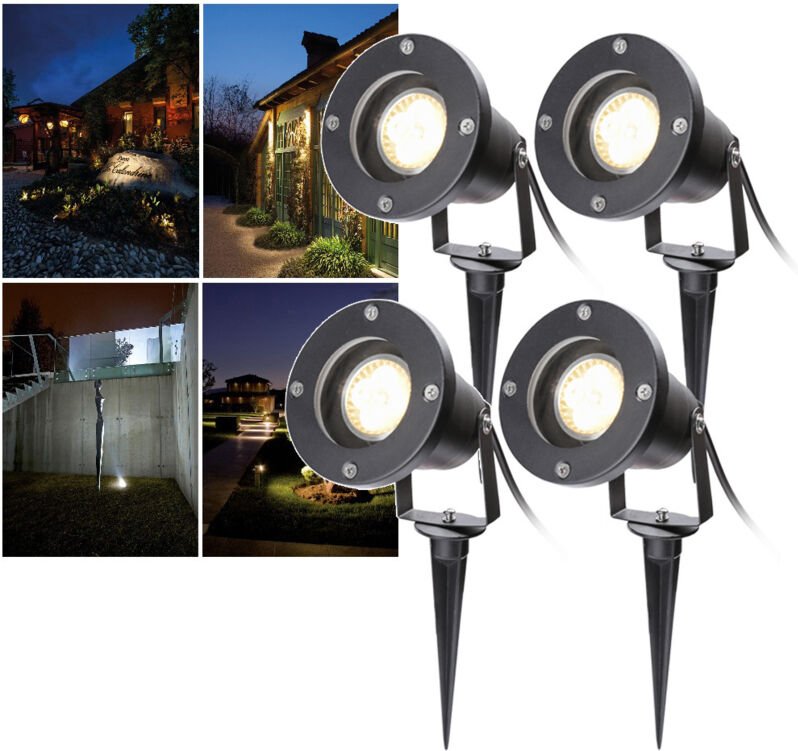 Wolketon Gartenleuchte Led Gartenstrahler Warmweiss 4er Pack LED Gartenbeleuchtung IP65 4W GU10 Mit Erdspiess Stecker Au...
