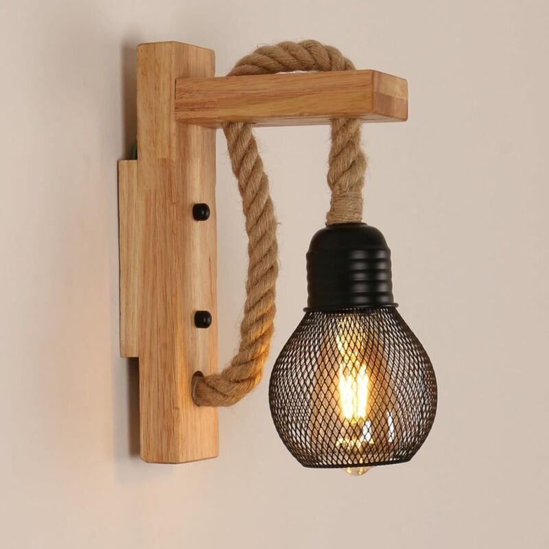 Rustikale Wandleuchte aus Holz, Vintage-Retro-Wandlampe, schwarzer Metallkäfigschirm, E27-Fassung, Wandleuchte aus Holz ...