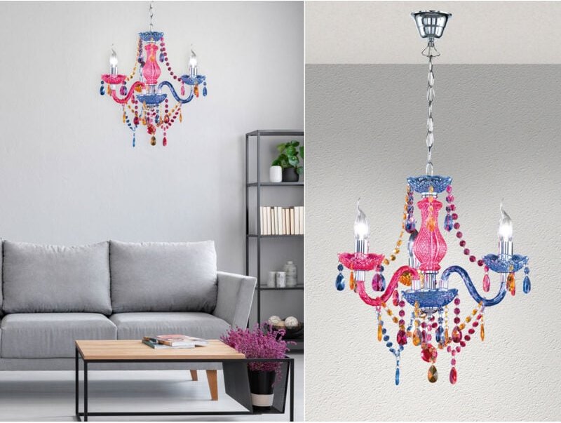 Kronleuchter lüster 3-flammig Silber mit Acryl Kristall Bunt, ø 46cm