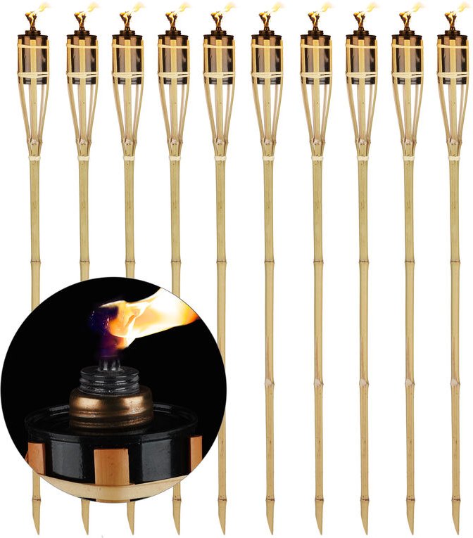 10er Set Gartenfackeln, Ölfackeln aus Bambus, mit Docht, stimmungsvolle Fackeln für außen, Höhe: 90 cm, natur - Relaxday...