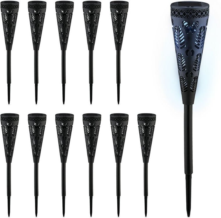 Relaxdays Solarlampe 12er Set, Fackel-Design, Gartenbeleuchtung mit Lichteffekt, H x D: 41 x 7 cm, mit Erdspieß, schwarz