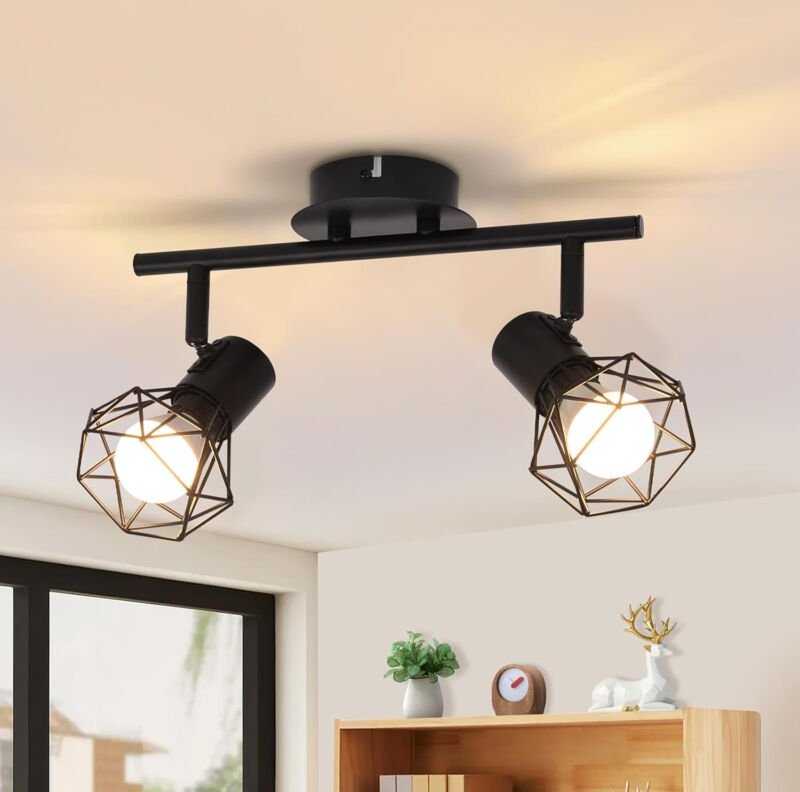 GBLY Deckenstrahler 2 Flammig Vintage Denckenspots - Schwarz Denckenlampe E14 Verstellbare 350°Industrial Retro Deckenle...