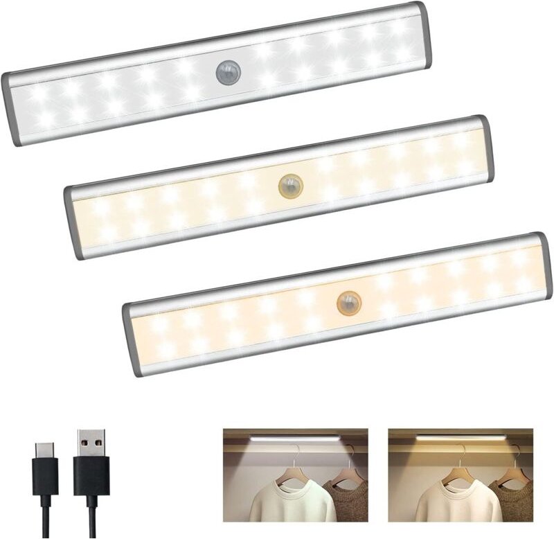 Schrankbeleuchtung Bewegungsmelder LED Schranklicht USB Wiederaufladbar Nachtlicht mit Magnetstreifen 40 LED 440lm Kleid...