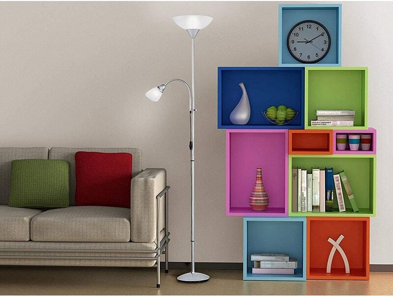 Led Deckenfluter Silber mit flexibler Leselampe, Höhe 180cm