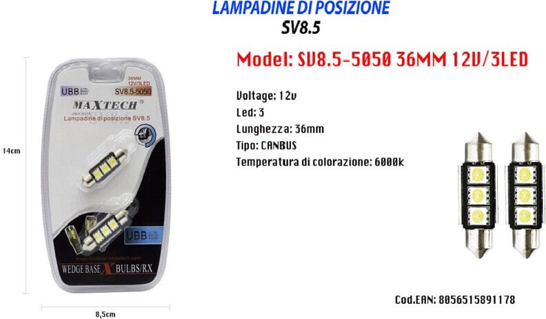 Maxtech - Trade Shop SV8.5-5050 12V 3LED 36MM positionslampen ultrahelle lampen -