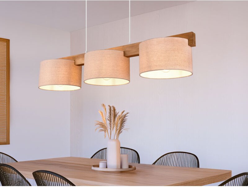 Meinewunschleuchte - Pendelleuchte lanat Holzbalken 3-flammig mit Stoffschirmen Beige, Breite 100cm