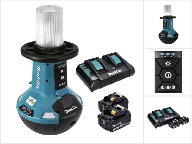 Makita - dml 810 pm Akku led Flächenlicht 18 / 36 v ( 2 x 18 v ) 5500 lm IP54 + 2x Akku 4,0 Ah + Doppelladegerät