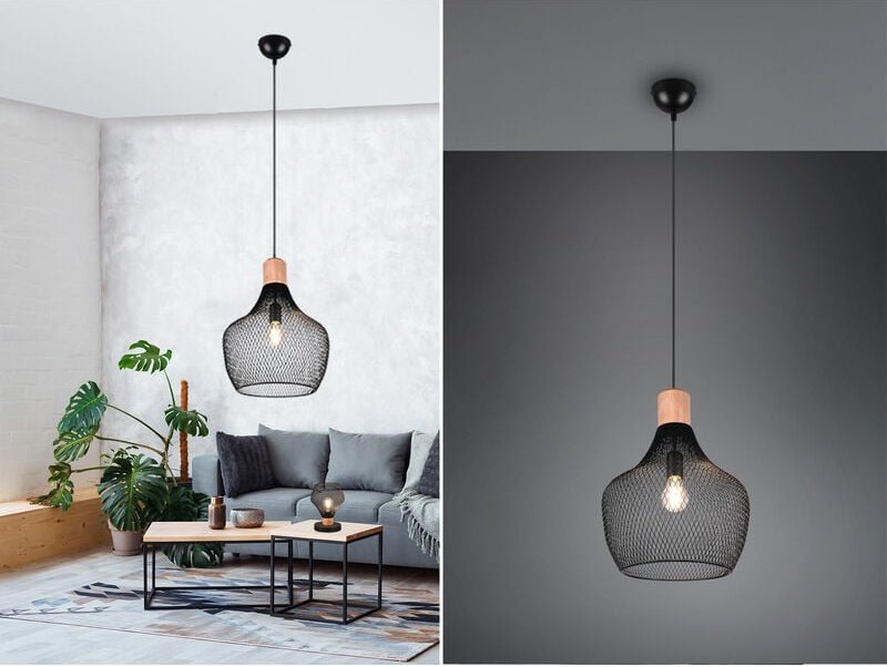 Vintage Pendelleuchte VALERIA Drahtgeflecht Schwarz mit Holz Ø 33cm