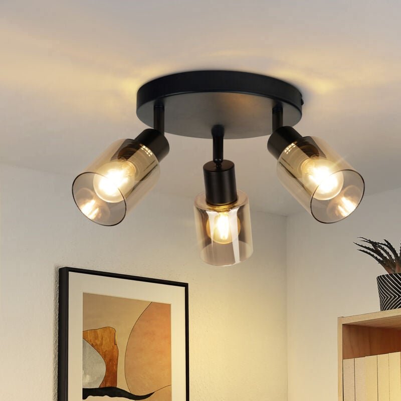 Deckenstrahler 3 flammig Schwarz: Vintage Deckenleuchte retro Deckenlampe E14 Industrial Deckenspots Flur aus Glas und M...