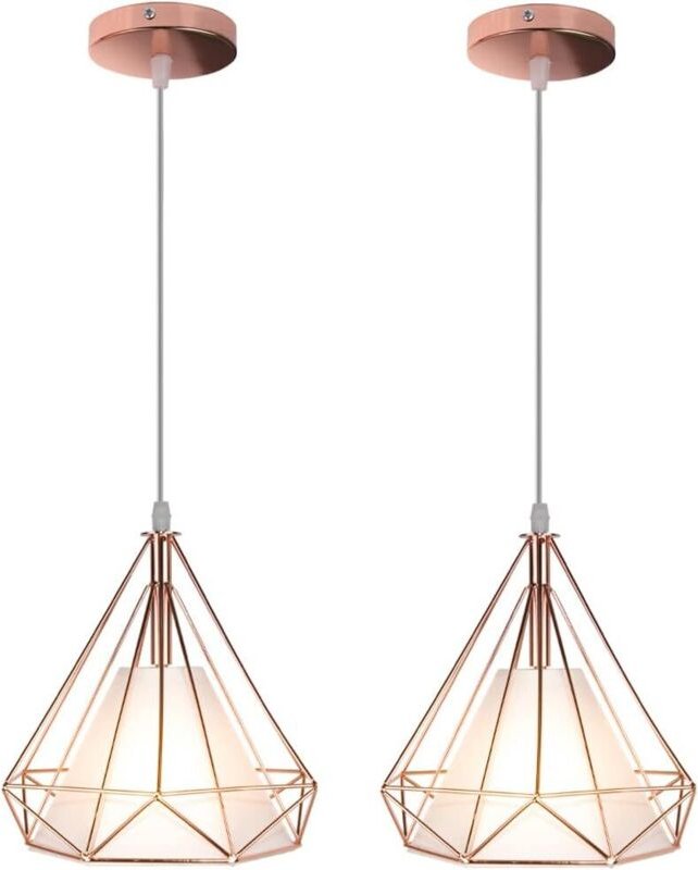 2er Industrielle Hängeleuchte - Roségold E27 Metall Käfig Pendelleuchte Schlafzimmer Wohnzimmer Hängende Deckenleuchte