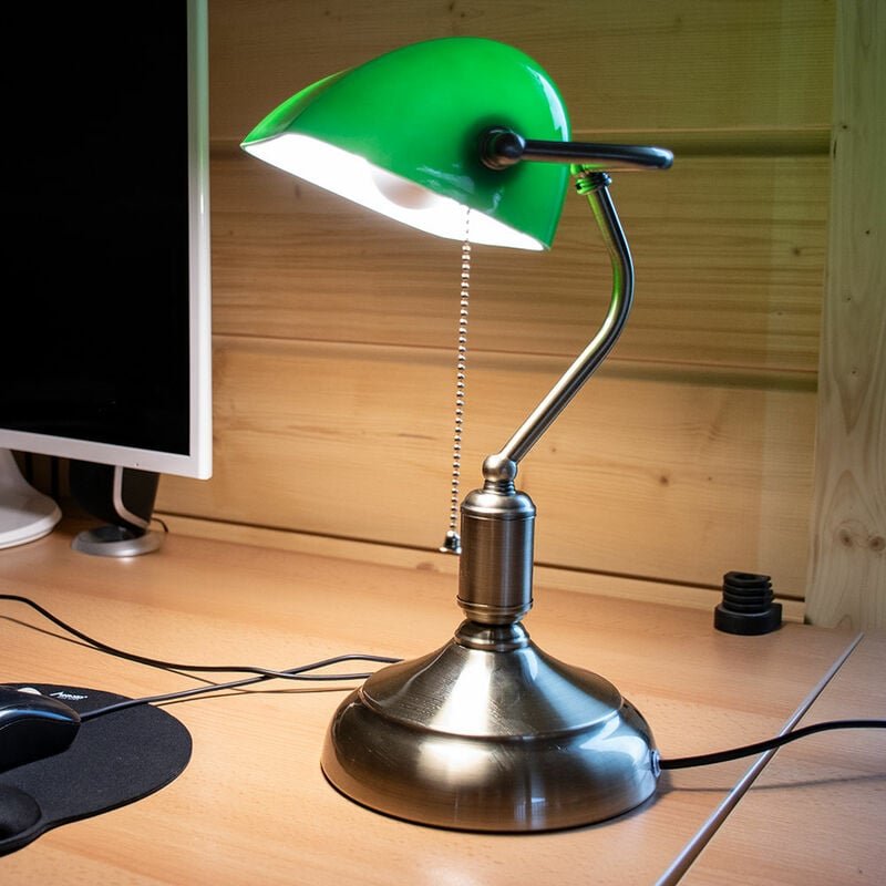 Thumbnail - Bankerlampe Glas verstellbar Tischleuchte Retro grün Schreibtischleuchte Zugschalter, Metall, 1x E27 Fassung, LxBxH 26x1...