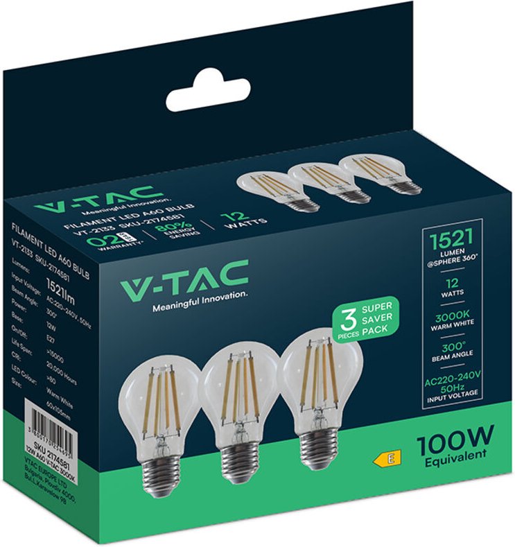 V-TAC LED-Glühbirne – RTL GLS – E27-Fassung – IP20 – Transparent – 12 W – 1521 Lumen – 3000 K – 3er-Pack