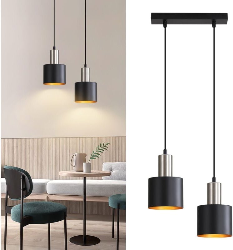 Thumbnail - Pendelleuchte Esstisch E27 Hängelampe Vintage - Küchenlampe Hängend 2 Flammig Esszimmerlampe Schwarz Gold Hängeleuchte K...