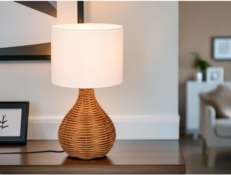 Meinewunschleuchte - led Tischleuchte mit Rattangeflecht und Stoffschirm Weiß, Höhe 40cm