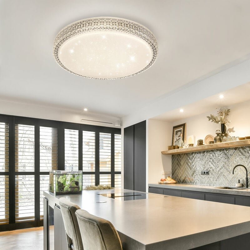 Deckenleuchte Kristallleuchte Rundlampe Deckenlampe Wohnzimmer, cct Kristalldekor Sternenhimmel-Effekt, Metall klar weiß...