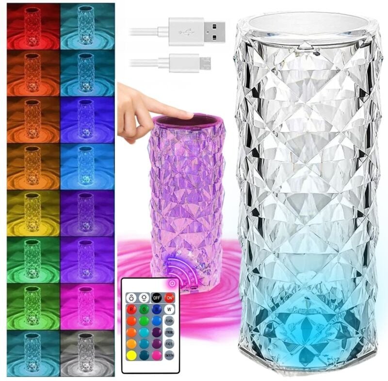LED-Kristall-Touch-Nachtlampe für den Schreibtisch, Diamant, rosafarben, Fernbedienung