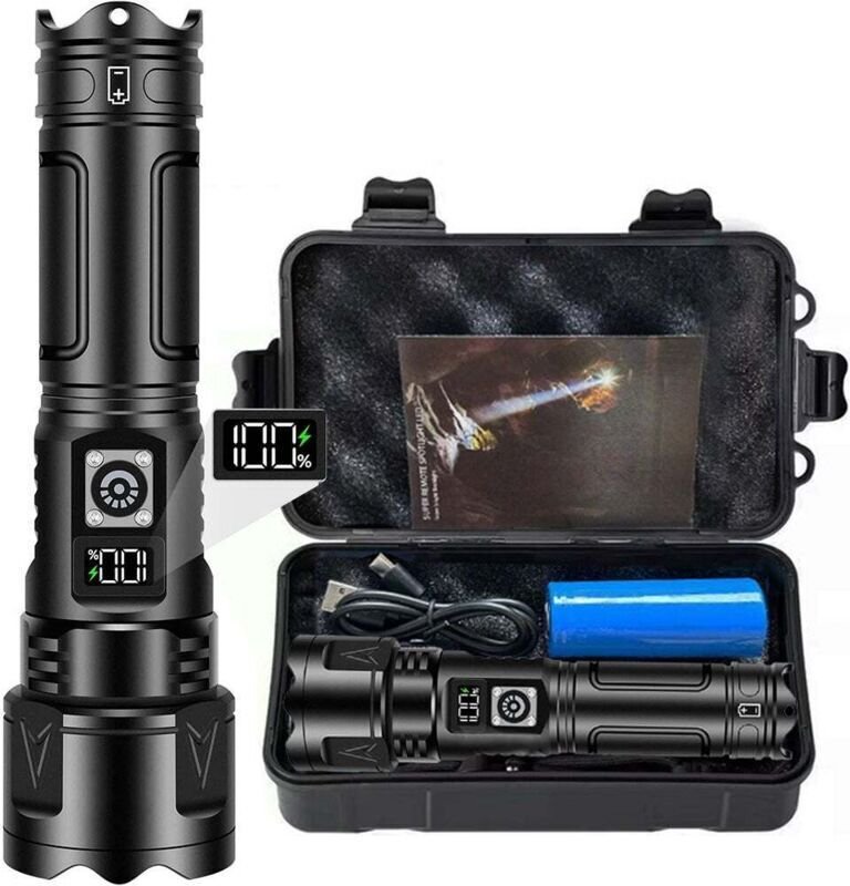 Extrem leistungsstarke LED-Taschenlampe, 1.000.000 Lumen, USB-C-aufladbar, zoombar, wasserdicht (IPX6), LCD-Display
