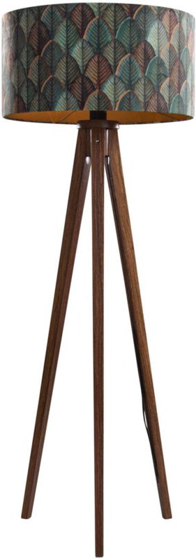 Stehleuchte aus Walnussholz mit Samtlampenschirm und Blattdesign 50cm - Tripod Classic