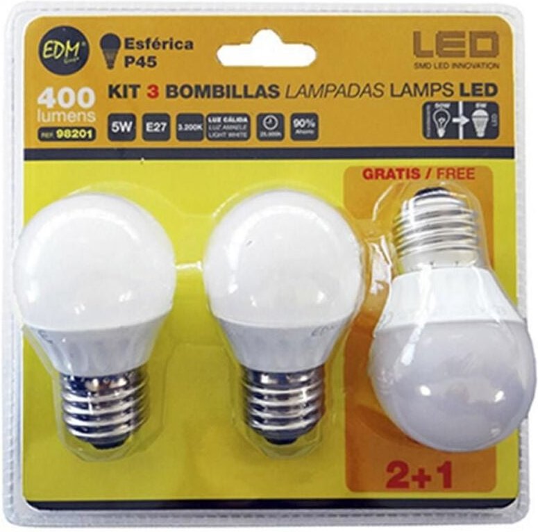 EDM - Kit mit 3 sphärischen LED-Lampen E27 5 w 400 lm 3200 k warmes Licht Ø4,5 x 8 cm