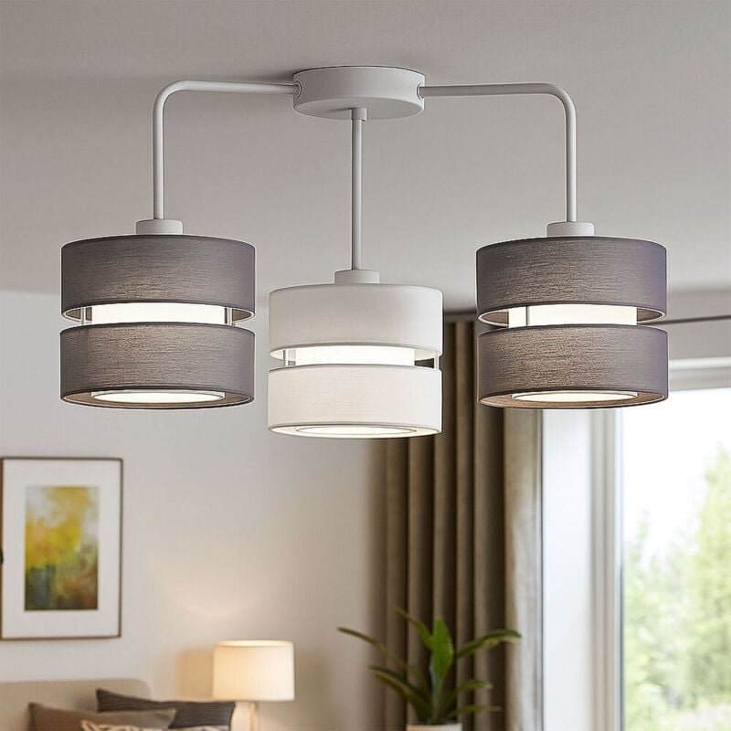 Deckenleuchte Deckenlampe 3 flammig Stoffschirm Schlafzimmerlampe, Metall Stoff grau weiß, 10,5W 1055lm warmweiß, LxBxH ...