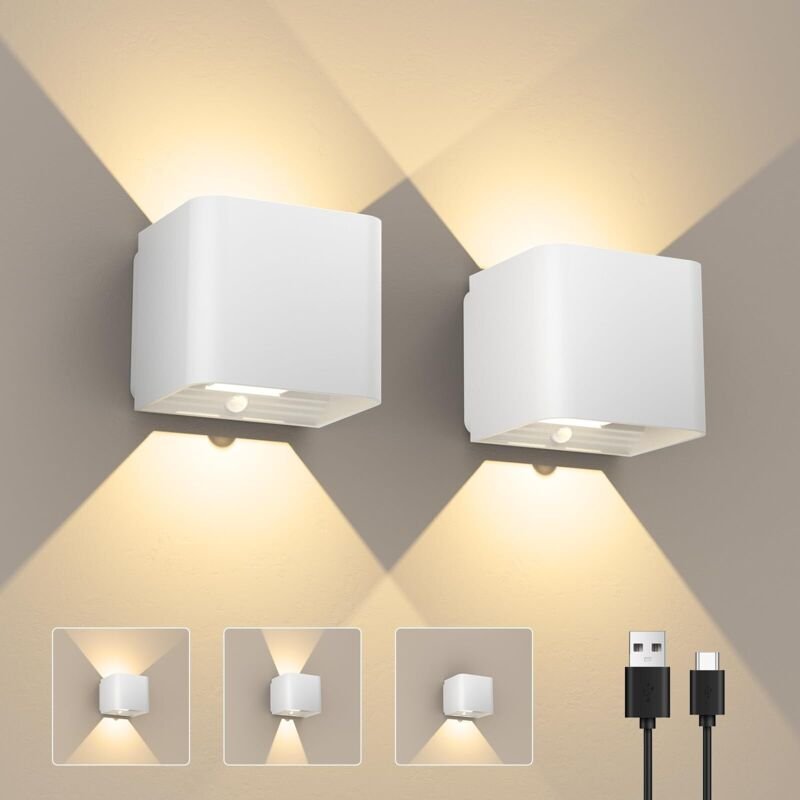 2 Pack Weiß LED Aufladbar Wandleuchte Innen/Aussen mit Bewegungsmelder, Wandlampe Auf und ab Einstellbarer Lichtstrahl 3...