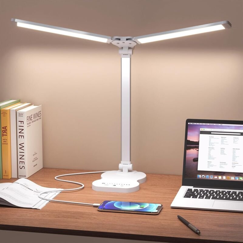 Doppelarm-Schreibtischlampe mit 5 Farben und 10 Helligkeitsstufen, Timer, LED-Leselampe mit Touch-Steuerung