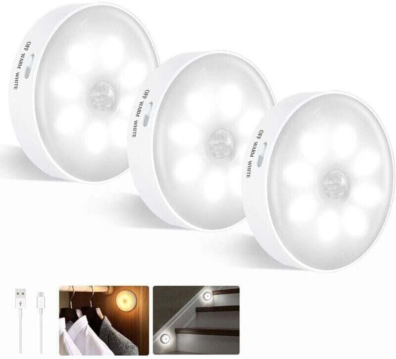 LED-Bewegungsmelderlampe, 3er-Pack, LED-Nachtlicht, kabellos, wiederaufladbar, USB-Induktion, zweifarbig (weißes Licht +...
