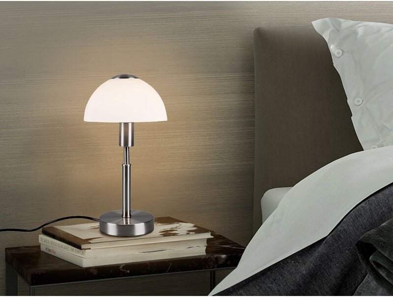 LED Tischleuchte Silber mit Glasschirm Weiß & Touchfunktion, Höhe 33cm