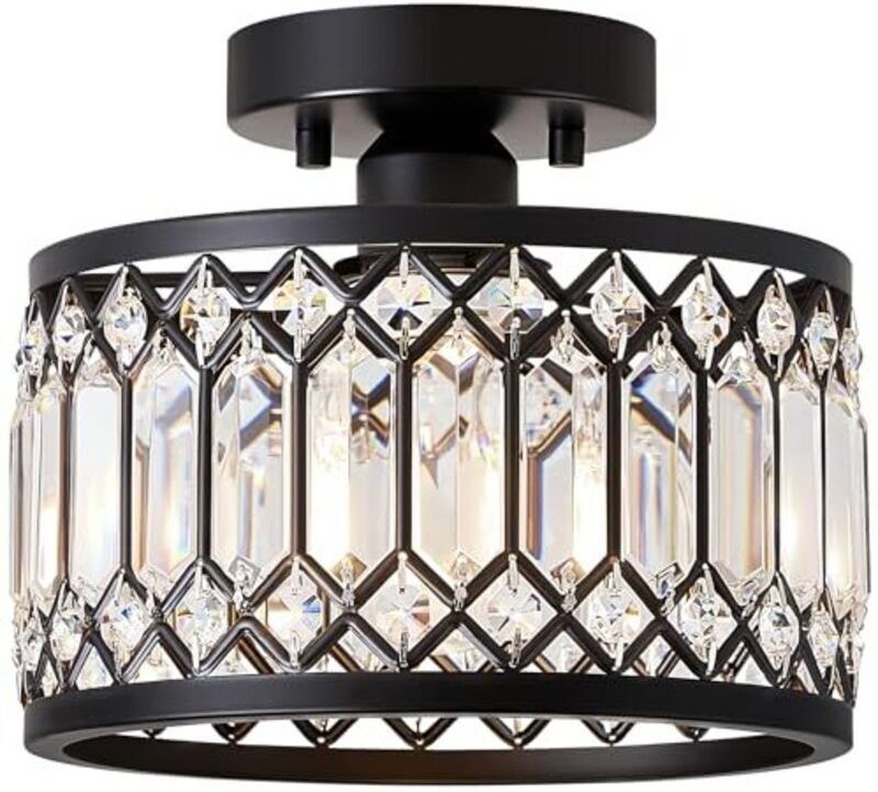 Thumbnail - Kristalllüster, schwarze Deckenleuchte mit Kristallschirm, E27-Fassung, moderne Lampe für Wohnzimmer, Schlafzimmer, Küch...