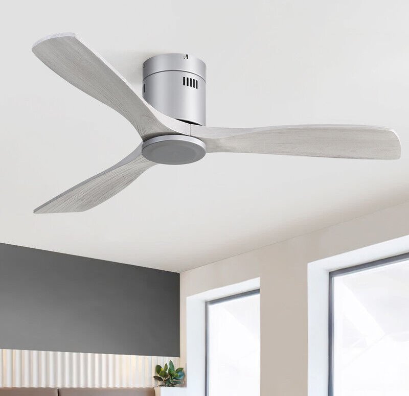 Ventilateur de plafond Sofucor - 3 pales en bois - Moteur CC - Télécommande - Sans lumière - 132 cm - Gris