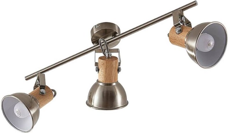 Deckenleuchte Dennis mit Holz, 3-fl., länglich - nickel satiniert, holz hell