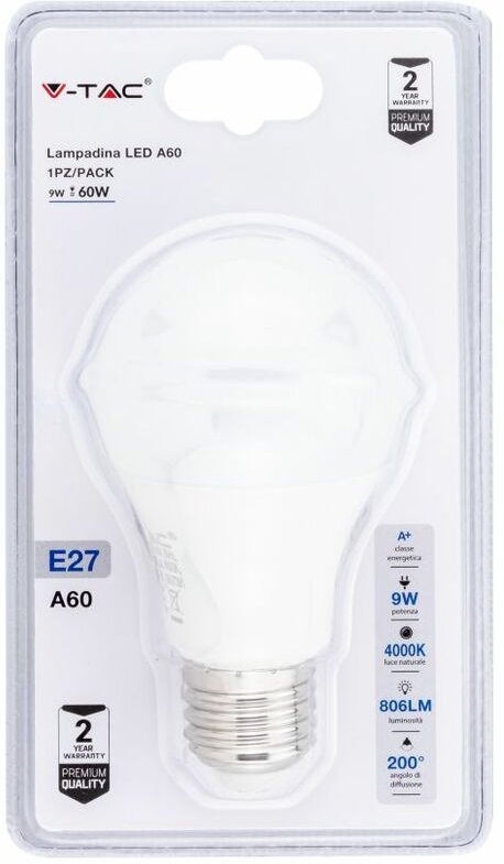 V-tac - E27 9W A60 LED-Glühbirne Naturweiß (Blisterpackung mit 1 Stück)