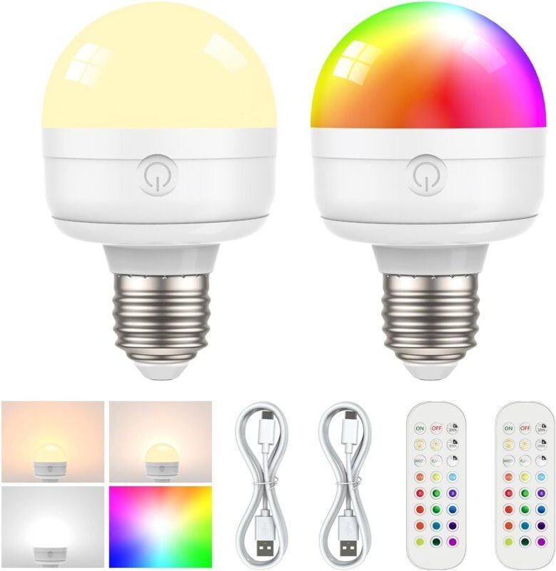 2er-Pack E26-Akku-Glühbirnen mit Fernbedienung, 6 W, 450 lm, 2500 mAh Akku, magnetische Glühbirnen, 15 RGB-Farben, Timer...