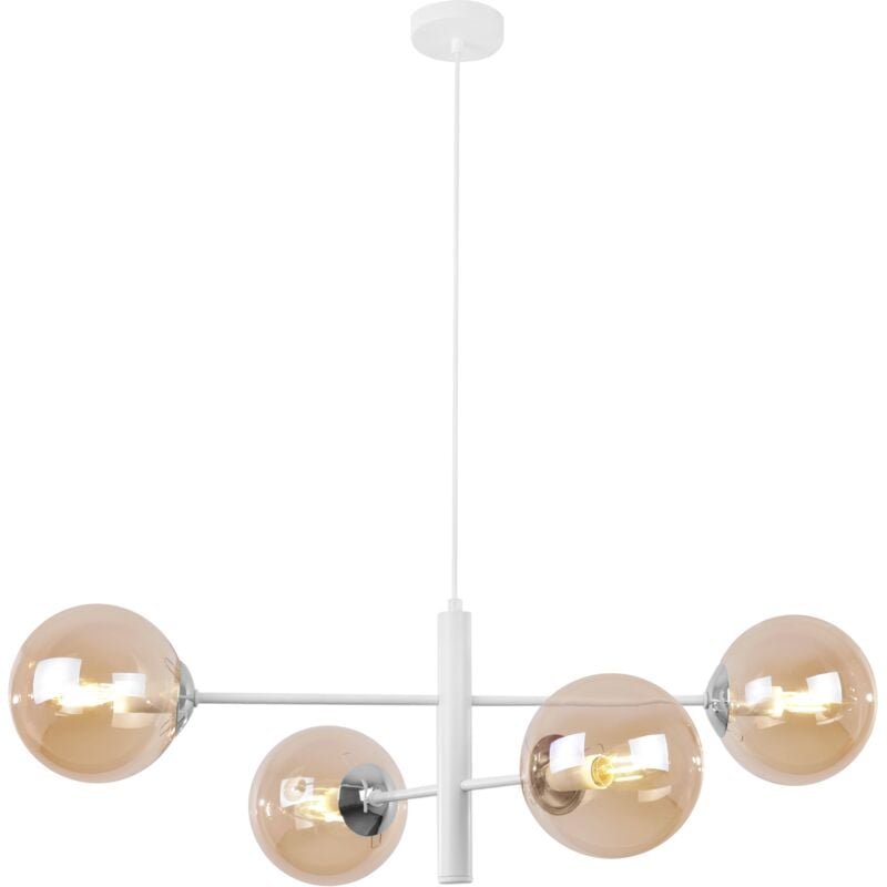 Vicenza Hängelampe Weiss Chrom 4 Flache Honigfarbige Lampenschirme E14